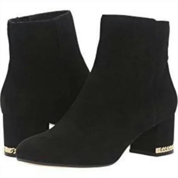 Michael Kors Sabrina Gold Chain Mid Bootie Block Heel Black Suede Boots - Picture 2 of 6